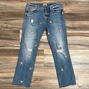DRIFTWOOD Size 27 CANDACE Floral Embroidered Skinny Crop Raw Hem Jeans